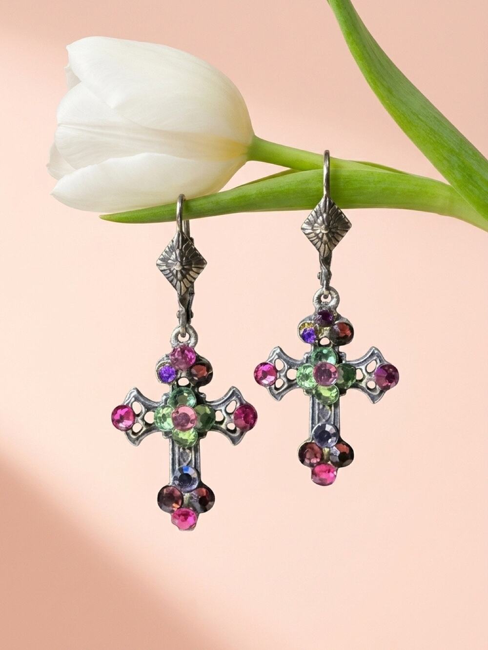 Multicolor Rhinestone Cross Dangle Earrings Silver Tone